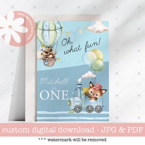Cartão personalizado para impressão de 1º aniversário de trem para meninos com nome personalizado e design de balão de ar quente para filho, neto, sobrinho e primo que farão um ano