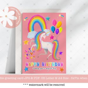 5x7 Instant Download | Printable Magical Rainbow Unicorn Card for Daughter | Bright Birthday Card for Girls | Whimsical Birthday Card