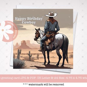 Printable Card, Happy Birthday Cowboy, Birthday Card for Him, Horse Birthday Card, Happy Birthday Card, Cowboy on Horse Western Card