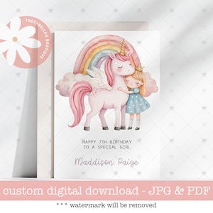 5x7 Download digital, cartão de aniversário de unicórnio para impressão, design de arco-íris mágico fofo, aniversário de qualquer idade e qualquer relação, cartão caprichoso para meninas