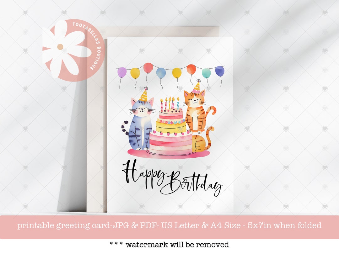 Happy Birthday Cat Card, Cute Watercolor Cats (digital Download) - Etsy ...
