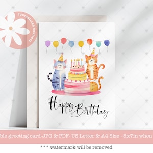 Printable Birthday Card, Happy Birthday Cat Lover Card, Instant Download 5x7 Card, Cute Cats Birthday Card, Card for Cat Mum,