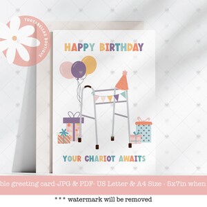 Your Chariot Awaits - Cartão de aniversário engraçado Over the Hill, cartão de aniversário para download instantâneo 5x7, cartão de felicitações para adultos, design fofo de andador