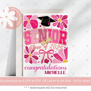 Carte de remise des diplômes imprimable personnalisée pour fille | Carte rose à téléchargement numérique pour la promotion 2025 | Cadeau souvenir pour les lycéens