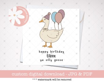 Tarjeta de cumpleaños divertida de un ganso tonto: nombre personalizado, imprimible (descarga digital)