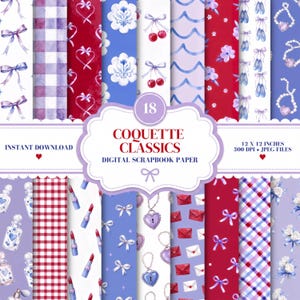 Può includere: Una collezione di 18 motivi di carta digitale per scrapbooking con illustrazioni ad acquerello di fiocchi, ciliegie, flaconi di profumo, rossetti, medaglioni a forma di cuore, scarpette da danza, buste e motivi floreali in rosso, blu, bianco e viola.