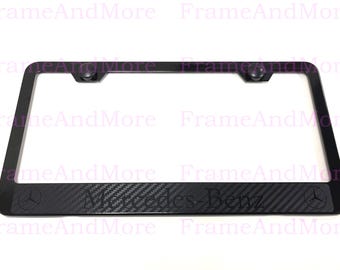 1 x Mercedes-Benz Carbon Fiber Box Style Stainless Black Metal License Plate Frame Holder Black Trim