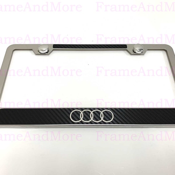 1 pc Audi 4 Ring Logo Carbon Fiber Box Style Stainless Steel Chrome Metal License Plate Frame Holder