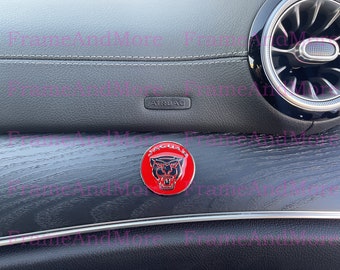 1 x 3D Raised JaguarCat Face (Red) Metal Made Dashboard, Center Console Emblem Badge Interior Exterior Logo