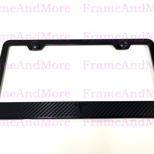 1 x Tesla Logo Carbon Fiber Box Style Stainless Black Metal License Plate Frame Holder