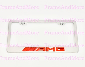3D (Red) AMGEmblem Badge Stainless Steel Chrome Metal License Plate Frame Car Tag Holder