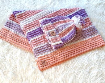 Handmade Crochet Baby girl Blanket & Hat Set: Pink White and Purple Newborn Size