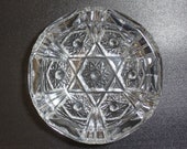 Vintage large crystal clear cut ashtray, star pattern with 3 slots for a cigar or cigarette. Shiny Soviet USSR glass retro style decoration