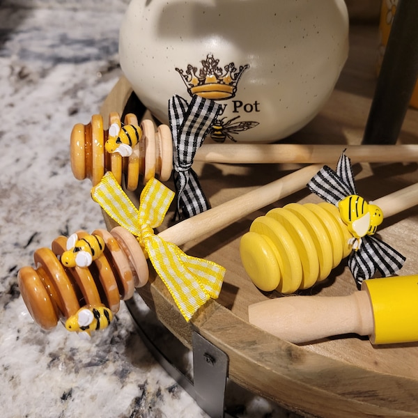 6" Large Honey Dipper with Faux Resin Honey or Yellow Paint; Gingham Ribbon and Honey Bee Accents