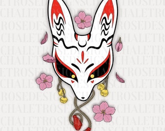 Máscara Kitsune PNG - Sublimación de zorro japonés, Kitsune PNG, Máscara de zorro PNG, Descarga digital, Arte de sublimación único, png para hacer vasos