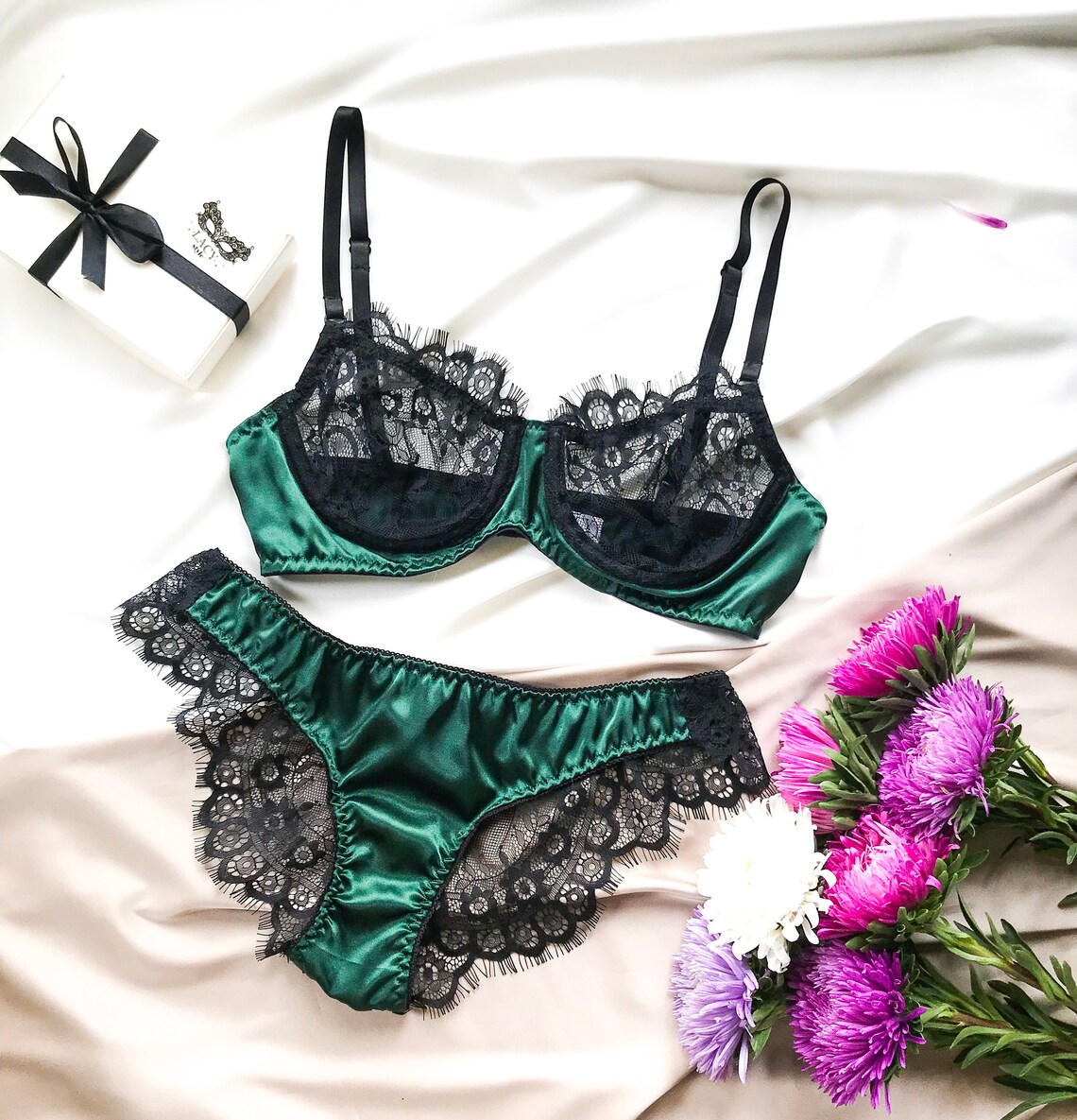 Green silk lingerie set/Emerald lingerie/Dark green lingerie | Etsy