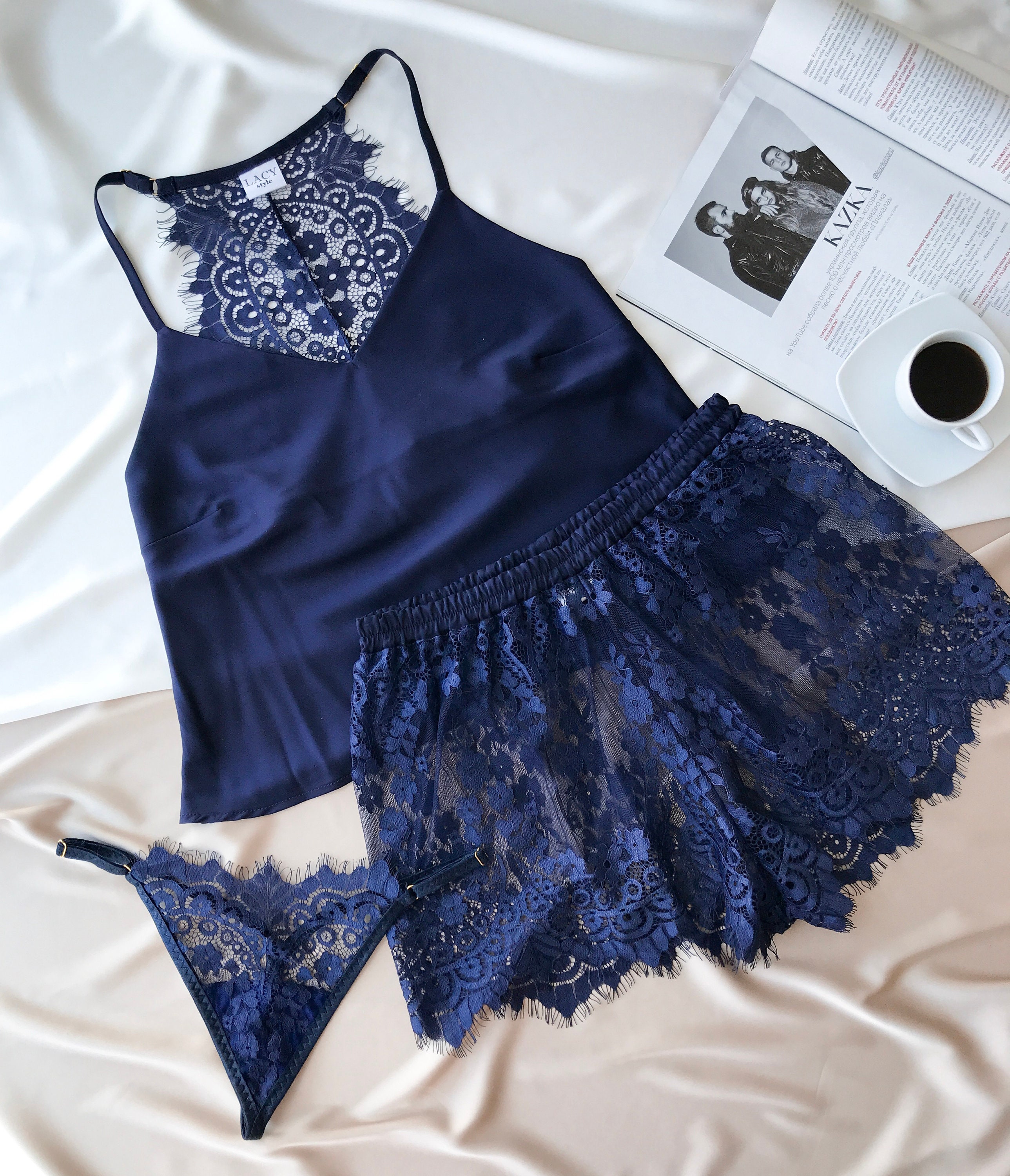 Navy lace pajama set/Silk pajama set/Silk pajamas/Honeymoon Etsy