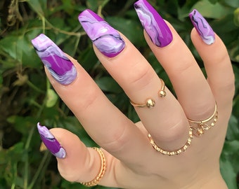 Purple, White and Black Marble Press On Nails // glue on nails, fake nails with glue, custom nail kit, press on nail marble