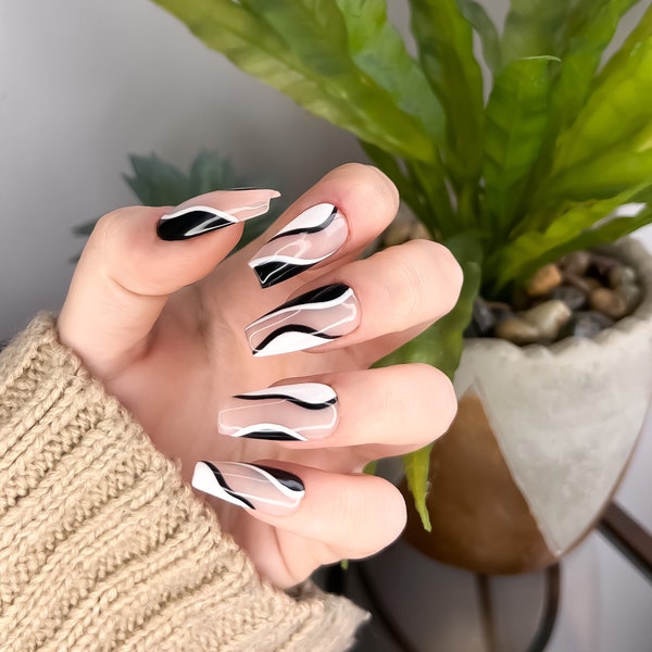 Monochrome White And Black Swirl Wavy Line Press On Nails || classy stick on nail kit with glue, mono nails, swirls, everyday wear nails