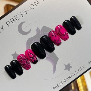 Black & Neon Pink Simply Witch Spells Press On Nails || black nails, witch nails, goth nails, punk nails, alternative nails, spell book nail