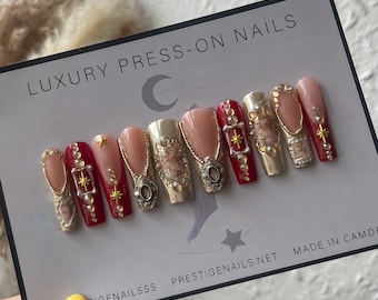 Red & Gold Baroque Catholic Cherub Press On Nails || luxury charm nails, chrome french tips nails, regal nails, gala nails, alt nails, red