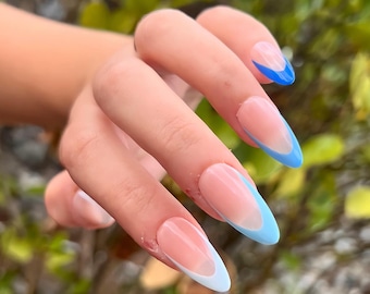 Baby Blue Gradient French Tip Press On Nails || blue France tip stick on nails, nail kit with glue, blue nails, glue on nails