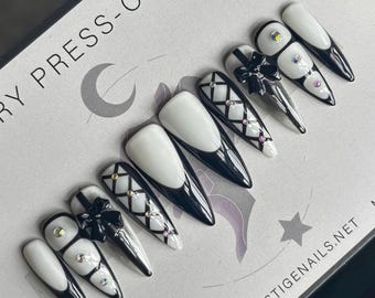 Milky White & Black Coquette Dark Femme Press On Nails || luxury nails, witch nails, goth nails, lace nails, alt nails, diamond press ons