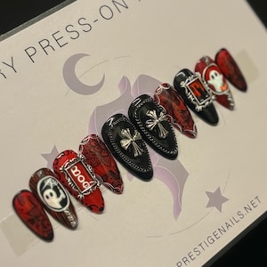 Black & Red Spooky Ghost Halloween Press On Nails || gothic nail art, alternative nails, witchy nails spooky nails, nail art, ghost nail art