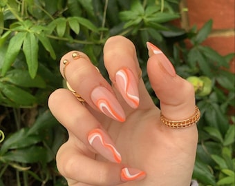 White and Orange Swirl Press On Nails // glue on nails, fake nails, summer nail kit with glue, coffin nail set, orange press on nail