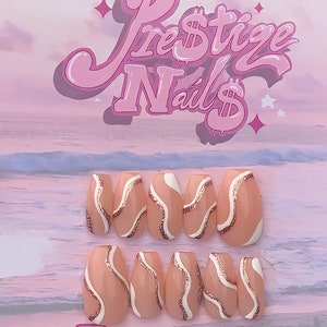 White and Gold Wavey Line Press On Nails // press on nail kit with glue, swirl nails, fake nails, nail kit, glue on nails image 3