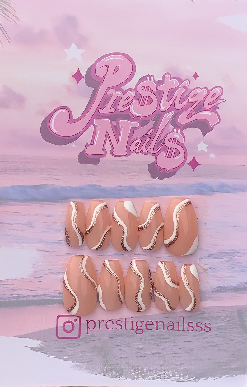 White and Gold Wavey Line Press On Nails // press on nail kit with glue, swirl nails, fake nails, nail kit, glue on nails image 3