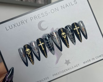 Black, Gold Skull & Cross Alternative Fashion Press On Nails || luxury nails, witch nails, goth nails, punk nails, alternative nails