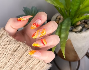 Red, Orange, Yellow Tie-Dye Summer Press On Nails || festival stick on nail kit with glue, tiedye nails, rainbow, summer design nails