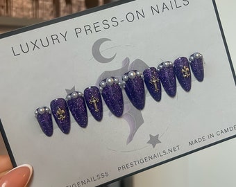 Glitter Purple With Pearls & Gothic Charms Press On Nails || royalty nails, witch nails, goth nails, punk nails, alternative nails, purple