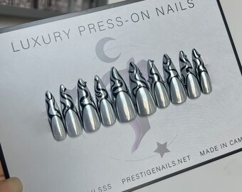 Silver Chrome with Black Swirls & Metal Accents Press On Nails || luxury nails, witch nails, goth nails, punk nails, alternative nails