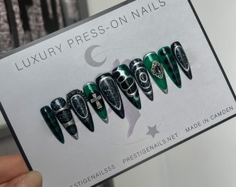 UV Glitter Green & Black Cyber Goth Rave Press On Nails || alternative fashion nails, witch nails, goth nails, punk nails, neon alt nails