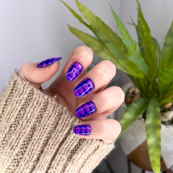 Vibrant Purple And Blue Crocodile Print Press On Nails || funky stick on nail kit with glue, bright purple nails, animal print, blue nails