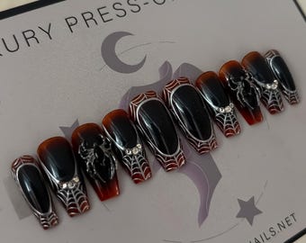 Orange & Schwarz Silber Spinnennetz gruselige Presse auf den Nägeln || Spinnennägel, Hexennägel, Goth-Nägel, Punk-Nägel, Halloween-Nägel, zum Aufbügeln