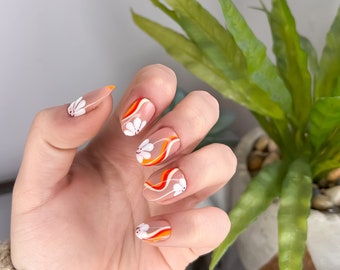 Red, Orange, Yellow Swirl Smiley Face Flower Press On Nails || swirly stick on nail kit with glue, summer nails, flower nails