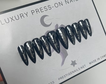 Schwarz & Silber Einfache Witchy Press On Nails || französische Nägel, Hexennägel, Goth-Nägel, Punk-Nägel, alternative Nägel, zum Aufbügeln, Gothic