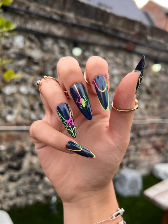 lime green and blue nail designs