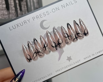 Black And Metallic Silver Metal Spiky Design Press On Nails || gothic stick on nail kit with glue, black and metal nails, cool nails