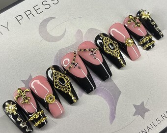 Baroque Golden Cross Renaissance Medieval French Tip Press On Nails || opulance nails, goth nails, alt nails, gold nails, gothic press ons