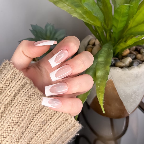 Bright White French Tips on Sheer Nude Base Press On Nails || classic french tip stick on nail kit with glue, french tip nails, white nail