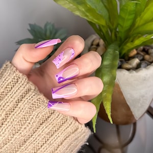 Quirky Purple And Lilac Yinyang French Tip Star Press On Nails || funky stick on nail kit with glue, purple nails, summer nails