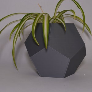 Puede incluir: Un macetero geométrico gris con una planta verde y blanca en su interior.