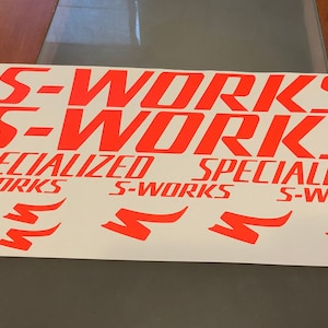 s-works specialized stickers vinyl decals graphics frame bicycle road bike neon orange black white red blue yellow