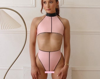 Latex Pin-striped Two Piece Set, High-waist Thong and Under-boob Latex Halter Top. (Custom Measurements Required for Top)