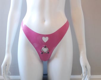 Latex Strap-on O-ring, metal-wear Thong with Cut Out Heart, Custom Made Item (please read description for ring sizing)