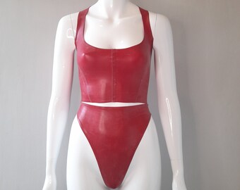 Latex Two Piece, Corset Style Top with High-waisted Thong | Custom Made.